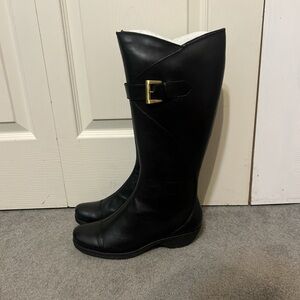 AEROSOLES Black Heeled Boots with Gold Buckle